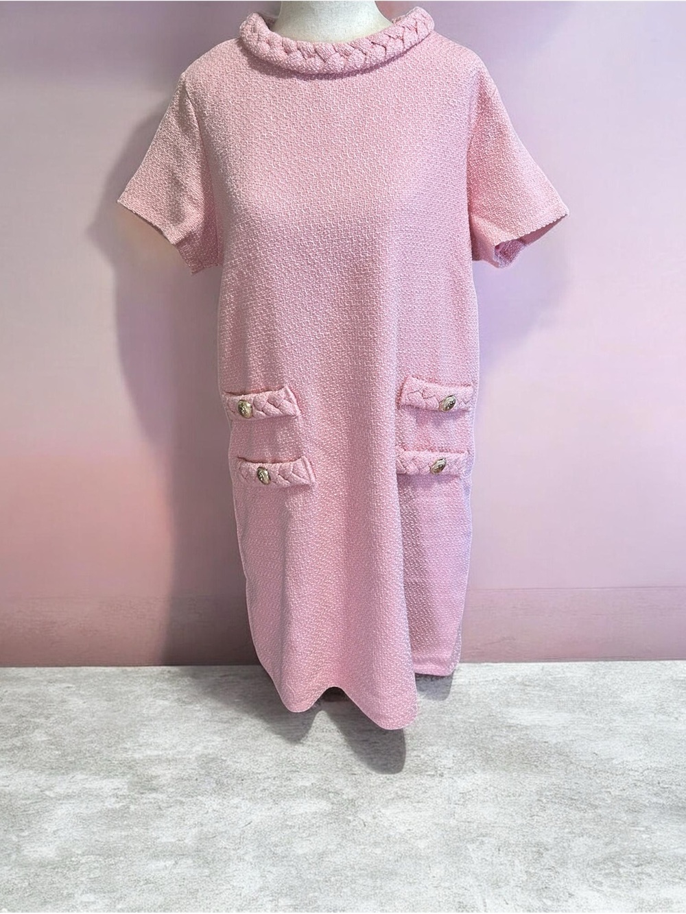 Pink Short-Sleeve Textured Shift Dress Size Large NWOT